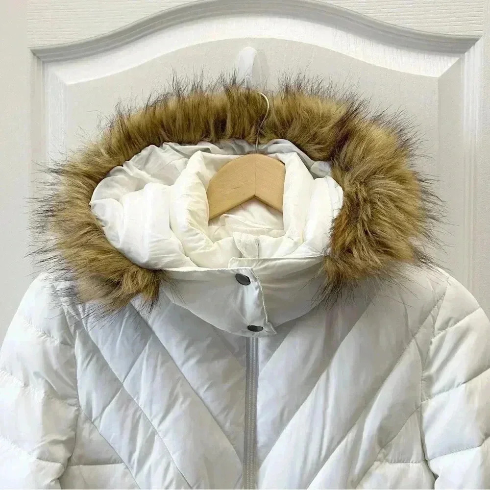 Joe Fresh Puffer Jacket Faux Fur Trimmed Hood Quilted Winter Coat White Small - Picture 6 of 16